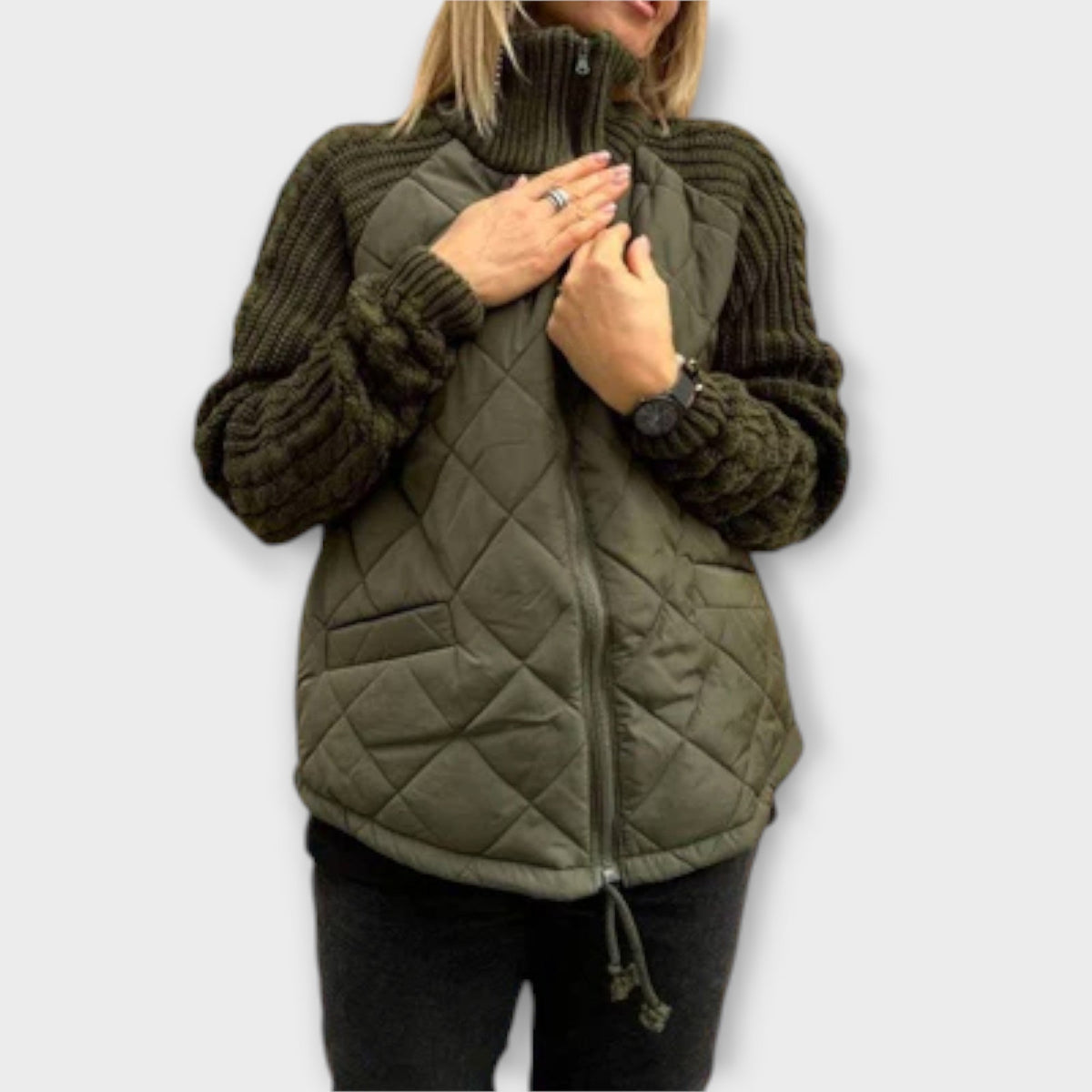 Valerie - Veste Beige à Col Montant, Mix Matelassé et Tricot