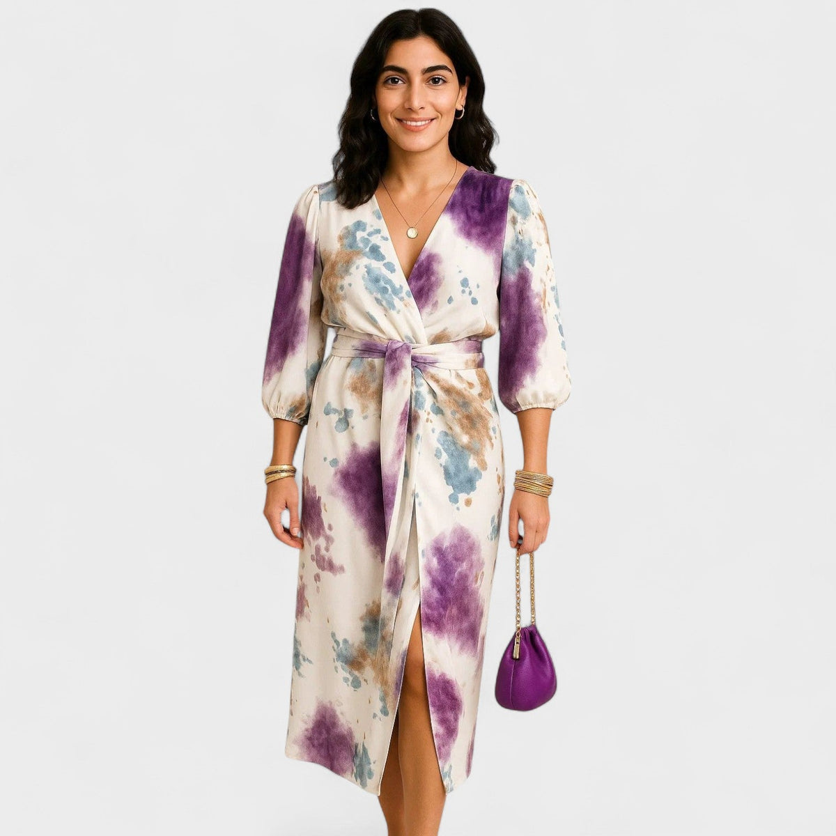 Larissa - Robe Croisée à Motif Aquarelle Violet