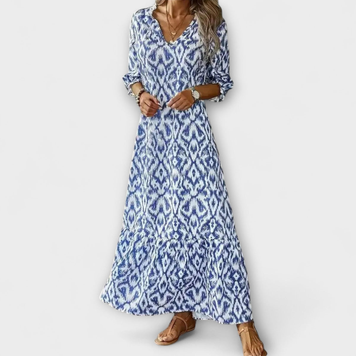 Robe Longue Élégante Bleue et Blanche Imprimée