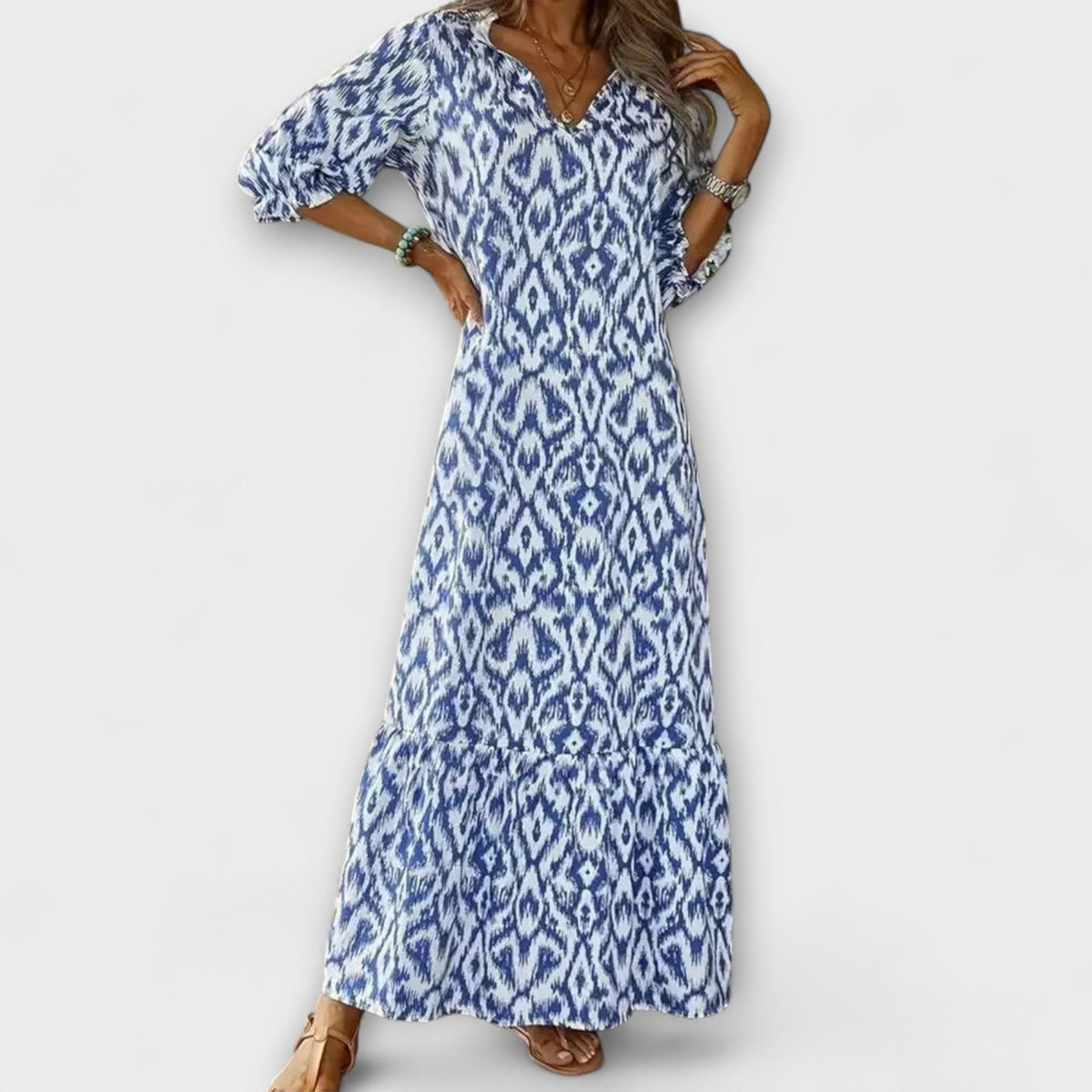Robe Longue Élégante Bleue et Blanche Imprimée