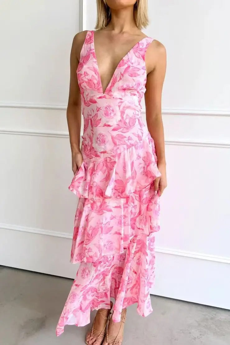 Marina - Robe Longue Élégante Rouge à Fleurs