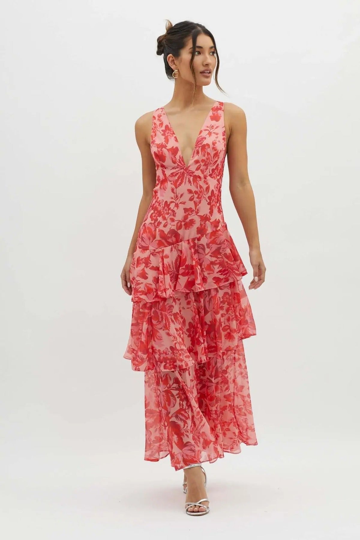 Marina - Robe Longue Élégante Rouge à Fleurs
