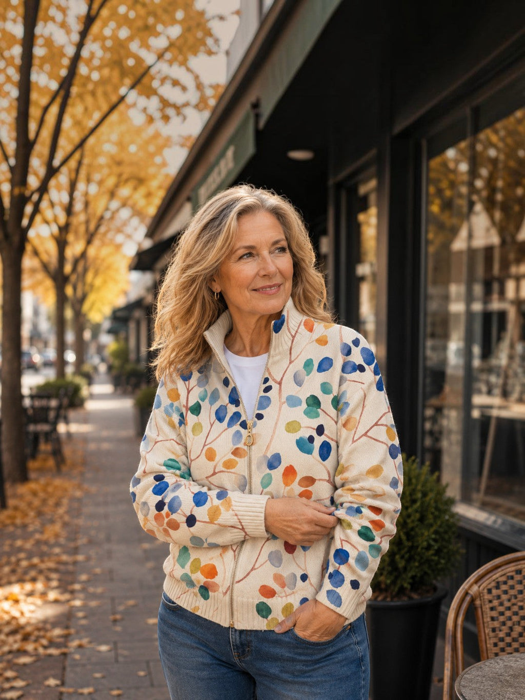 Consuelo | Cardigan en maille à motif de feuilles multicolores