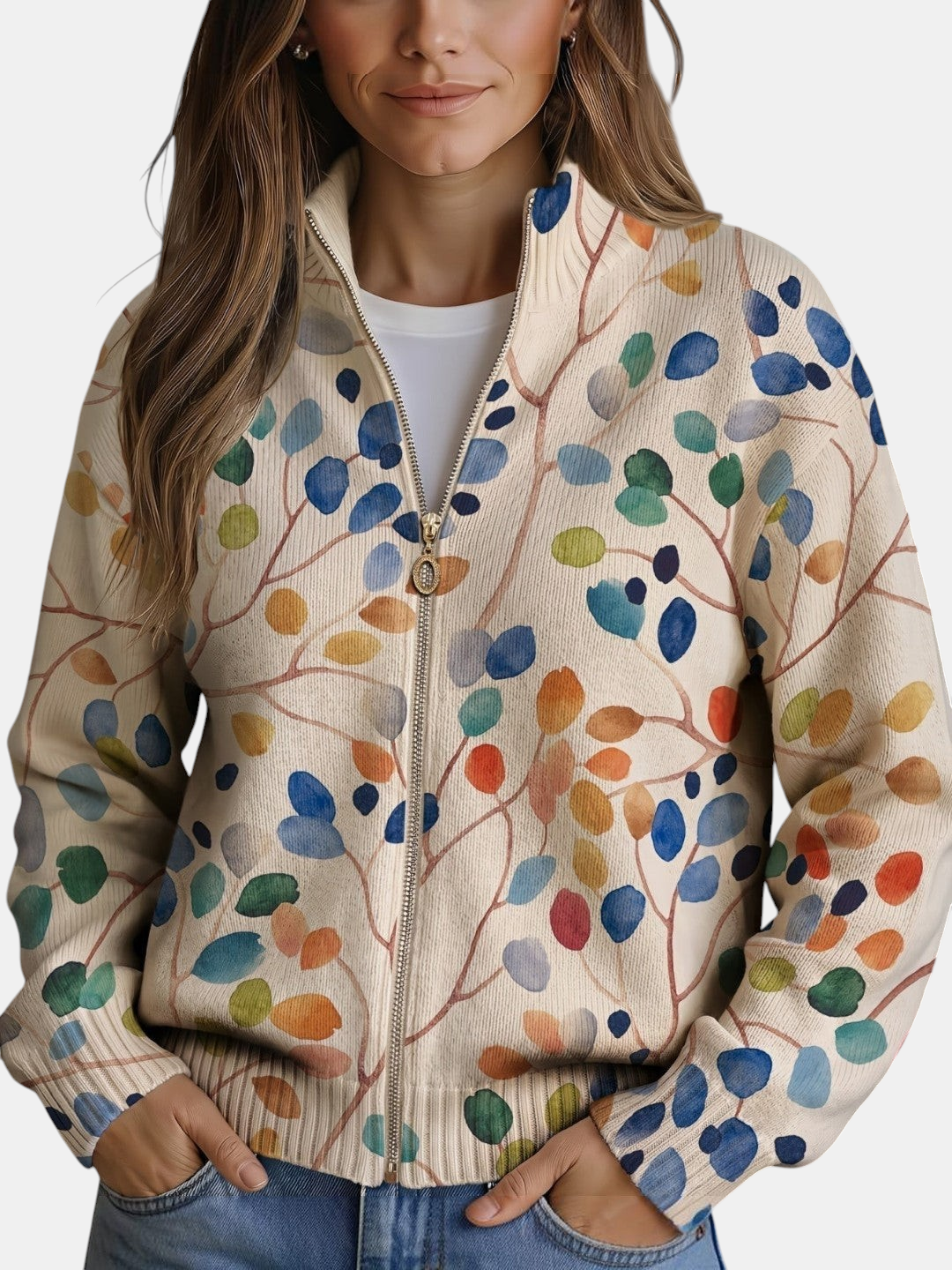 Consuelo | Cardigan en maille à motif de feuilles multicolores