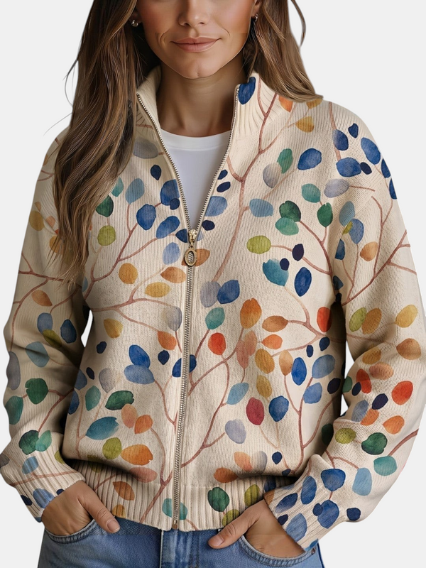 Consuelo | Cardigan en maille à motif de feuilles multicolores