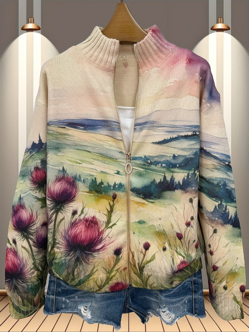 Montserrat | Cardigan à motif de chardons et paysage