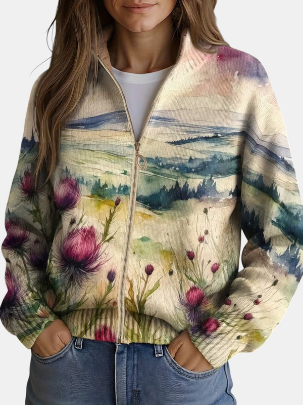 Montserrat | Cardigan à motif de chardons et paysage