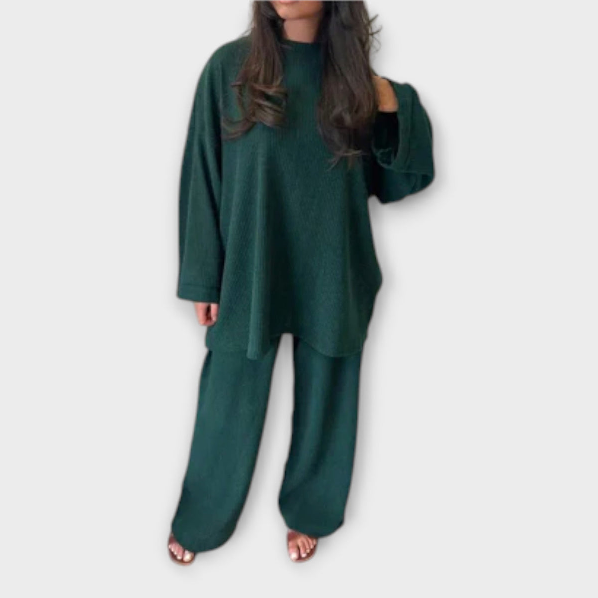 Ingrid - Ensemble Tricoté Côtelé Oversize Vert Foncé