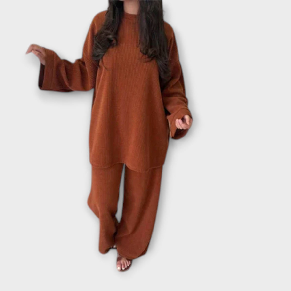 Ingrid - Ensemble Tricoté Côtelé Oversize Vert Foncé