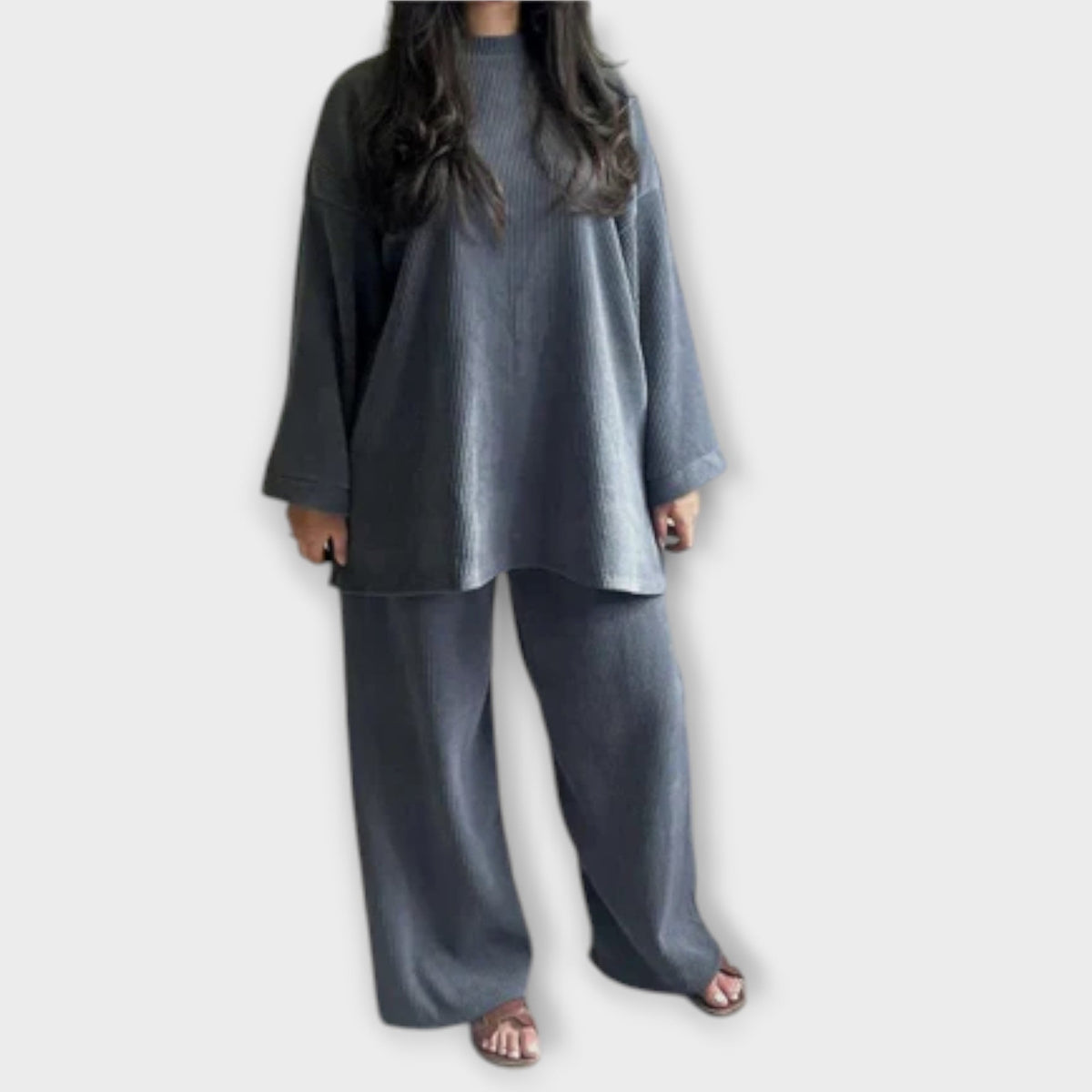 Ingrid - Ensemble Tricoté Côtelé Oversize Vert Foncé