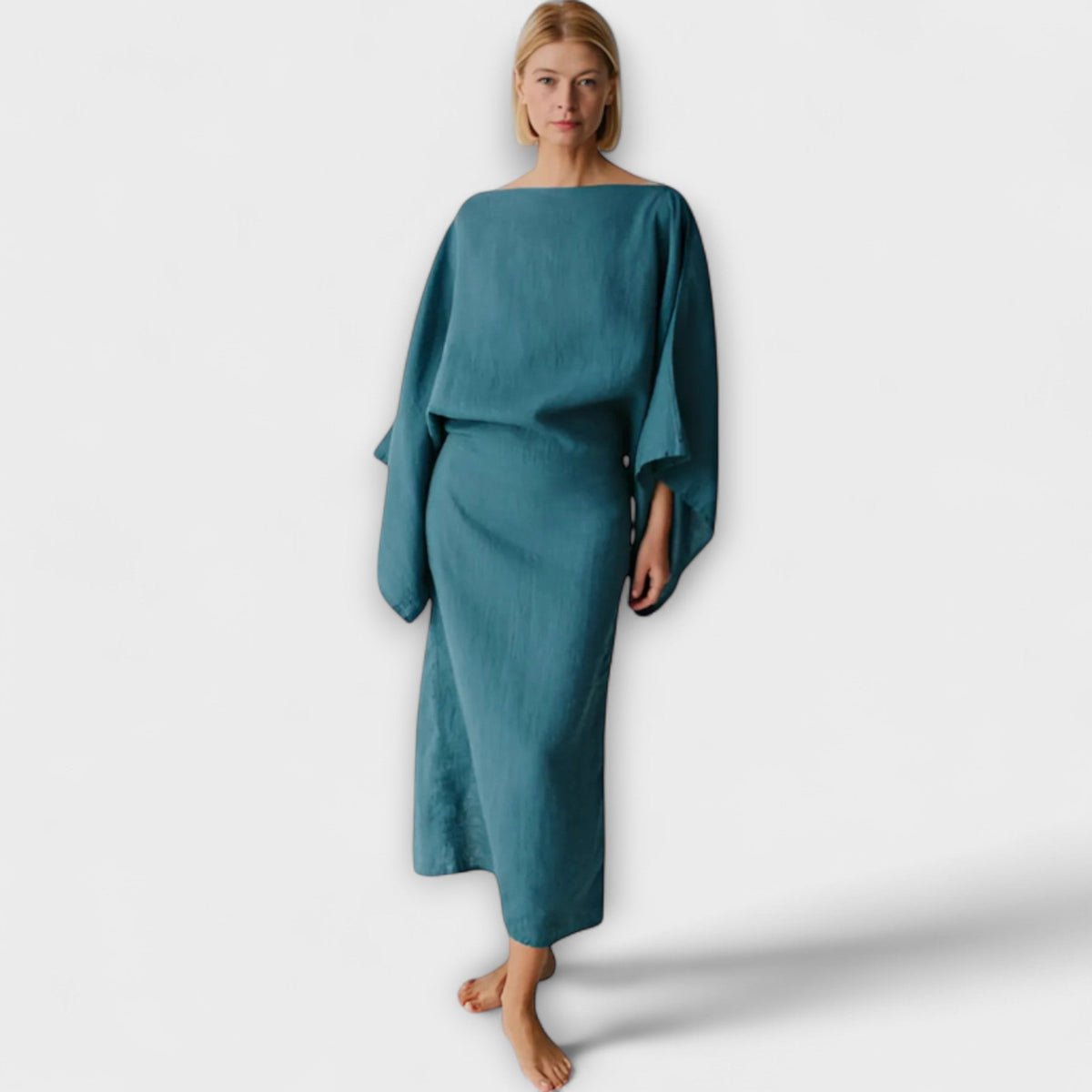 Dana - Robe Kimono en Lin Bleu