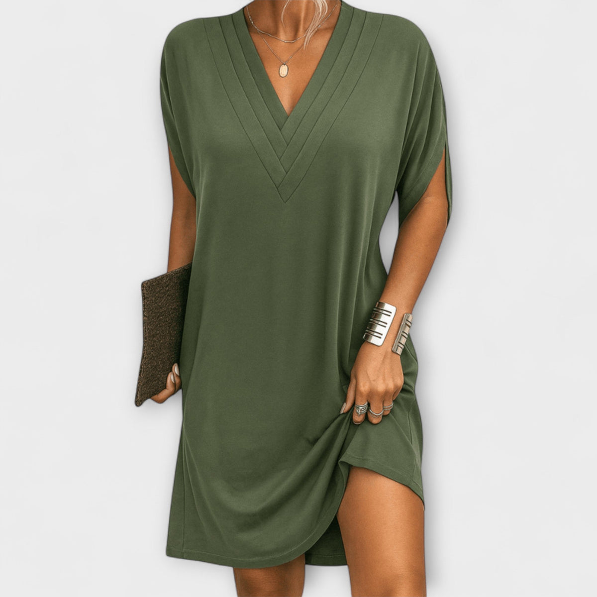 Adeline - Robe d'Été Vert Olive à Col V