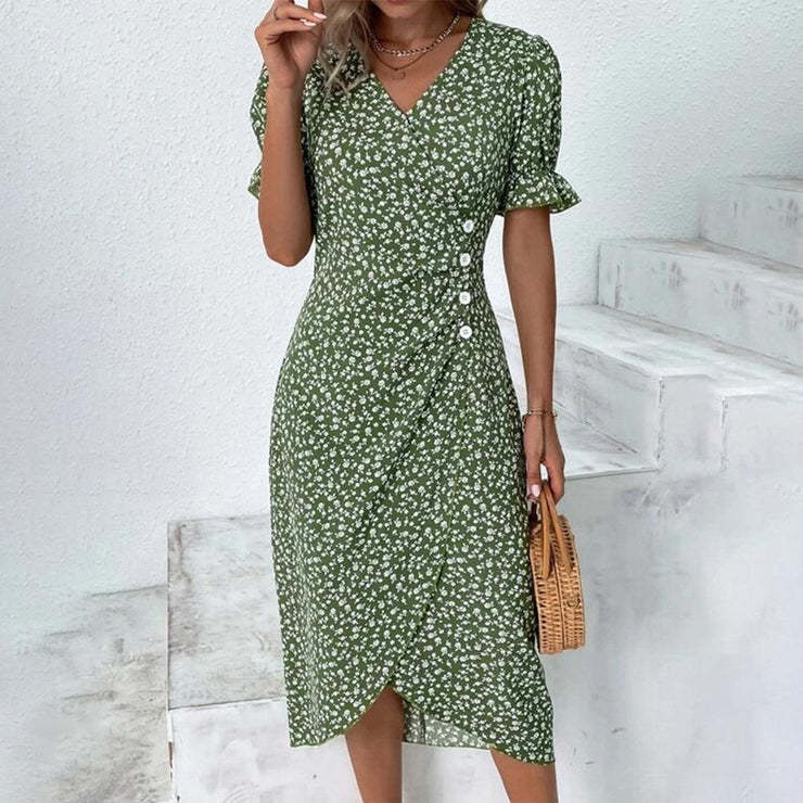 Rita - Robe Portefeuille Grise à Pois