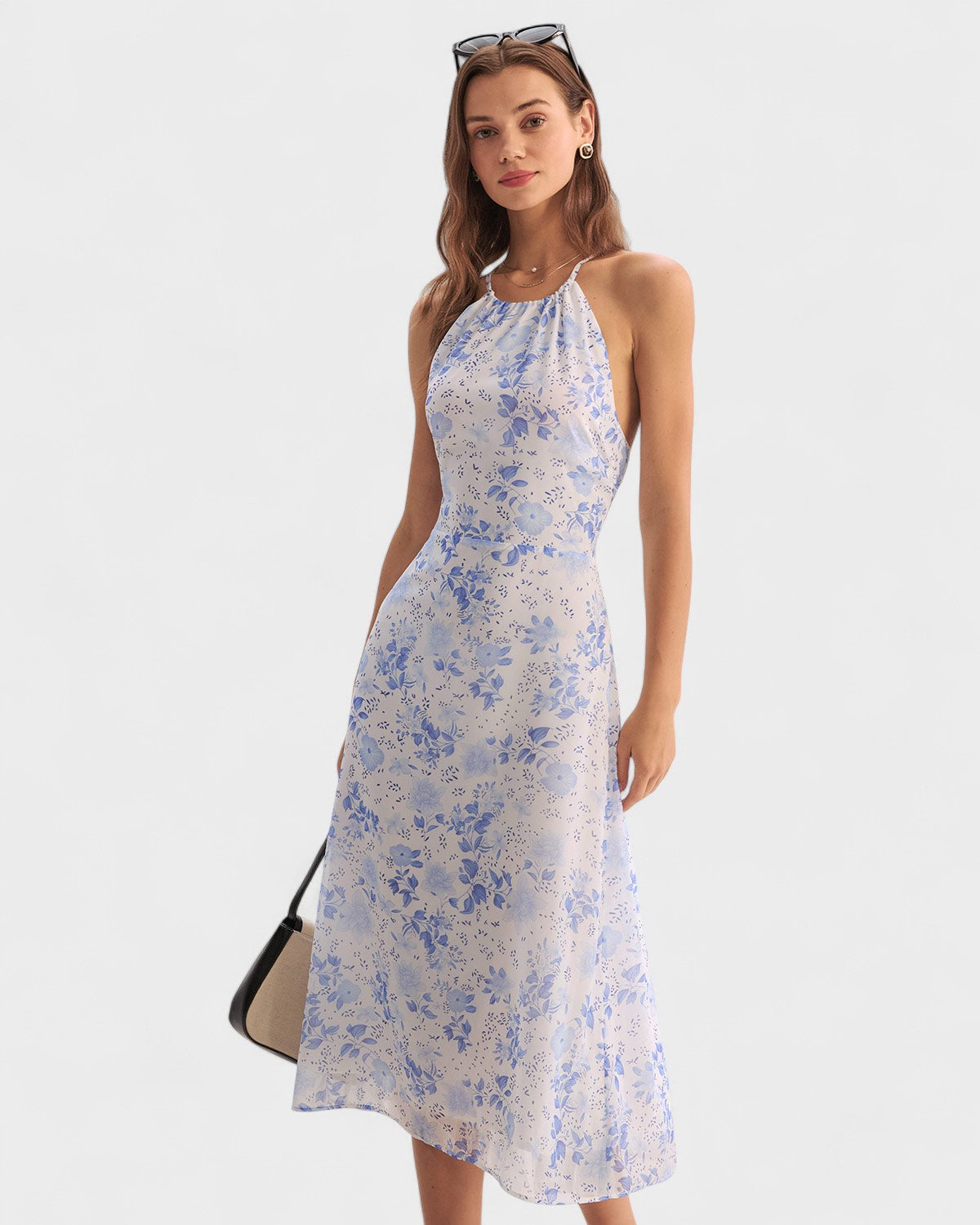 Clarice - Robe Midi Bleue à Motif Floral
