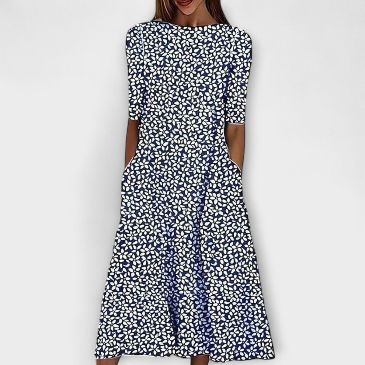 Adelina - Robe Blanche à Motif Floral Bleu